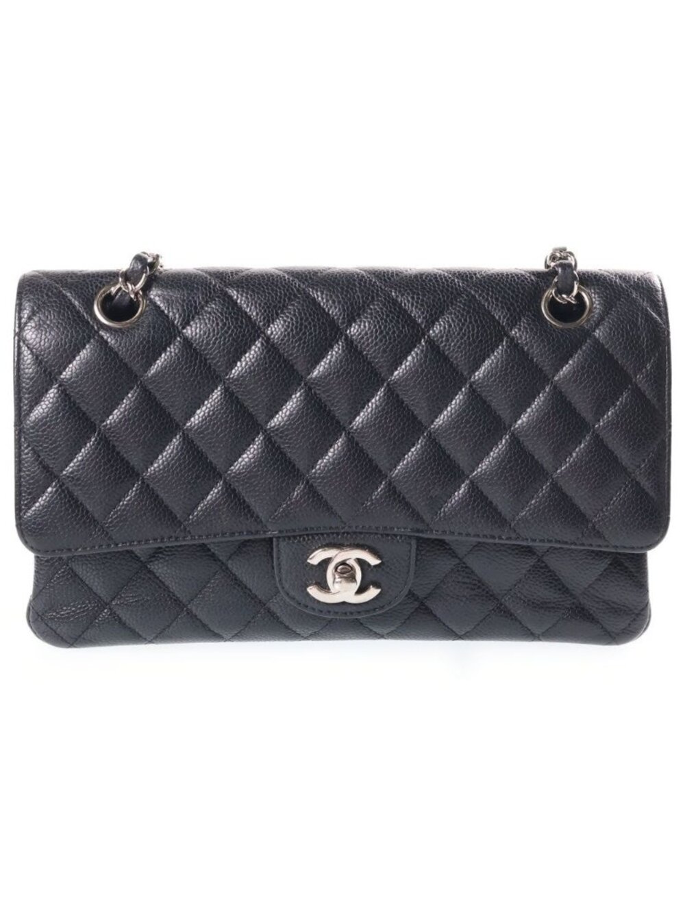 Chanel 25 Double Flap Chain Shoulder Bag Black Caviar Leather Silver